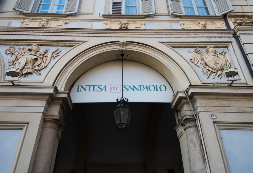 Turin, Italy - June 16,  2018: branch of the bank Intesa San Paolo with headquarters in Turin - IT