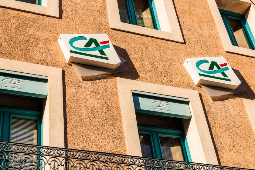 Credit Agricole bank logo, Meze, Herault, Languedoc-Roussillon, France