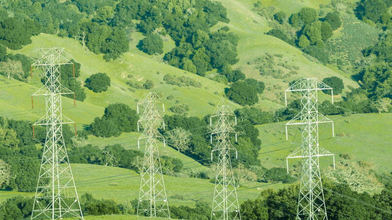 Electricty Pylons and Lines at Briones Reservoir, Contra Costa County, California.