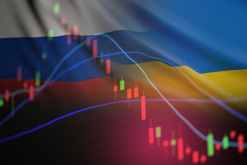 War Russia and the US in Ukraine and the Middle East. Ukraine crisis Ukraine and Russia military conflict Stock market exchange loss trading graph ana