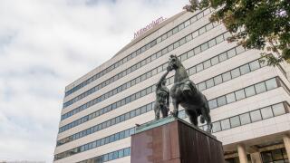 Equestrian statue in front of the BCP Millenium bank headquarters in Porto, Portugal, Europe