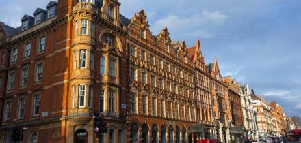 London, England - February 28, 2019: Classic buildings at Wigmore Street in the westend in late sunlight