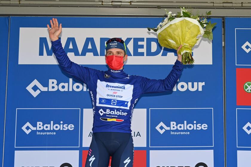 Belgian Remco Evenepoel of Deceuninck - Quick-Step pictured on the podium after the first stage of the Baloise Belgium Tour cycling race, 180km from B