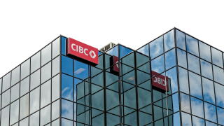 Sydney, Nova Scotia - Aug. 17, 2023: CIBC logo at the CIBC Banking Center in the Commerce Tower downtown.