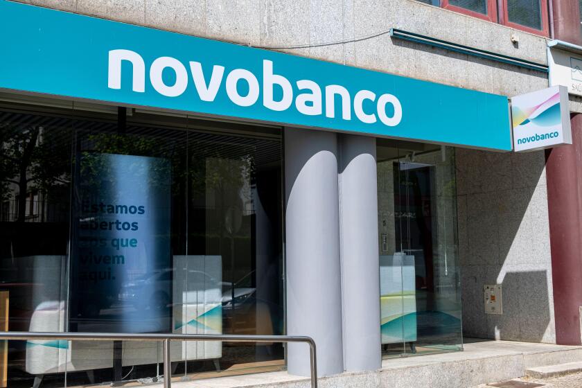 Chaves, Portugal - April 8, 2023: Facade with the Novobanco Bank sign and logo. Portugal