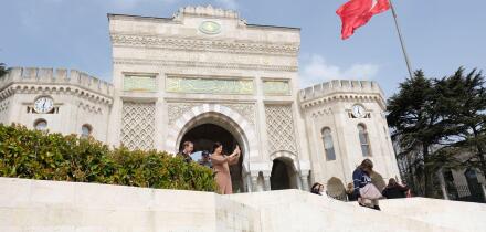 Istanbul Turkey - the main entrance gate to the Istanbul University with visitors in March 2024