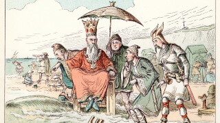 Comic Sketch by T S Seccombe showing King Canute and his courtiers trying to stop the tide coming in.
