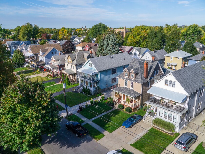 Looking down from above at a residential area of South Buffalo New York United States