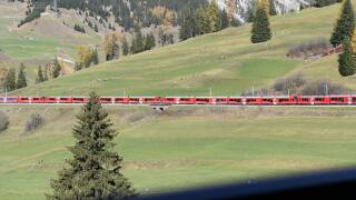 Bergun. 29th Oct, 2022. The world's longest narrow gauge passenger train runs on the Rhaetian Railway in Switzerland, Oct. 29, 2022. The world's longest narrow gauge passenger train of Swiss Rhaetian Railway entered Saturday the Guinness Book of Records. 