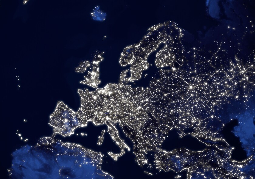 satellite image of planet earth Europe at night