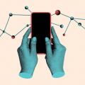 Contemporary collage. Hands holding smartphone with connected network nodes