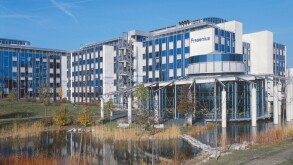 Reflection of medical building in water, Fresenius Medical Care AG, Frankfurt, Germany