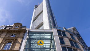 Frankfurt, Germany - April 11, 2025: Commerzbank headquarters Frankfurt in Commerzbank Tower Germany's tallest skyscraper in Frankfurt, Germany.