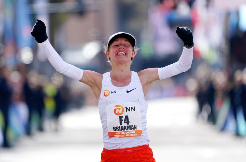 Nienke Brinkman finishes with a new Dutch record for women during NN Marathon of Rotterdam on April 10, 2022 in Rotterdam, Netherlands Credit: SCS/Soenar Chamid/AFLO/Alamy Live News