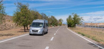 Motorhome parked in Autopista AP-68 spanish motorway rest area north west of Zaragossa, Spain