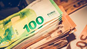 Closeup of Big Pile of Euro in Cash. European Union Main Currency Banknotes. Economy and Finances Theme.