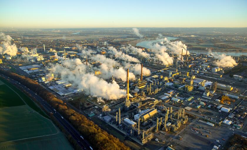 Aerial view, Chempark Dormagen, INEOS, chemical industry with smoke clouds in the morning, Emissions, morning mist, Dormagen,