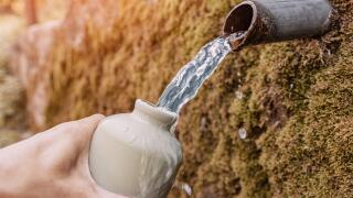 Hand filling a reusable bottle with fresh, pure drinking water flowing from a pipe embedded in moss covered rocks
