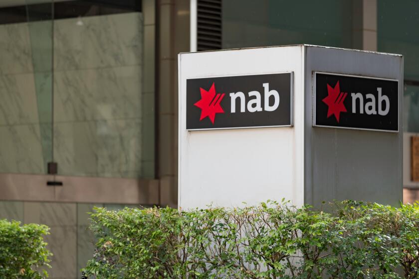A National Australia Bank (Nab bank) logo sign outside a city branch in Sydney Australia