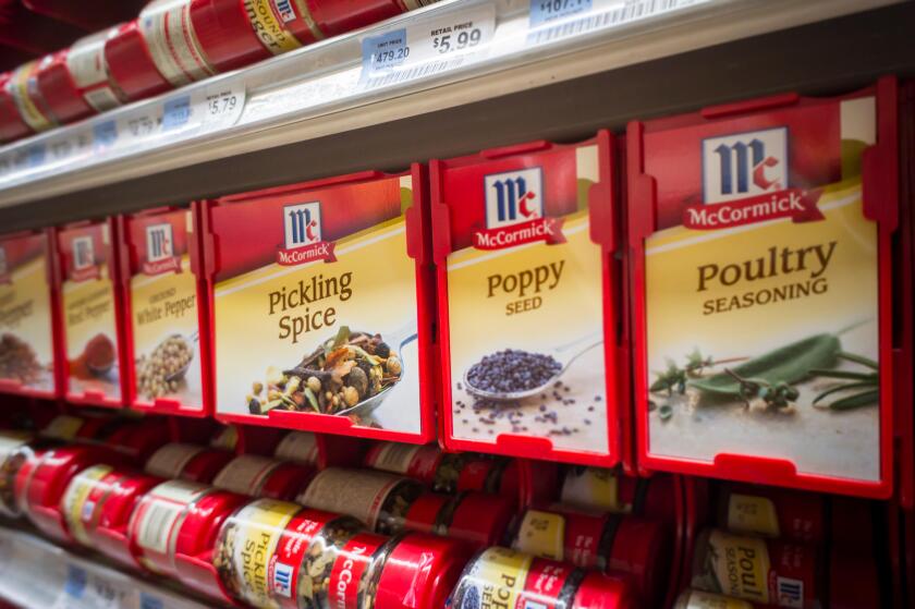 A selection of McCormick brand spices in a supermarket in New York on Monday, September 28, 2015. McCormick is expected to report solid earnings on Thursday after having an earnings streak of the last seven quarters. (© Richard B. Levine)