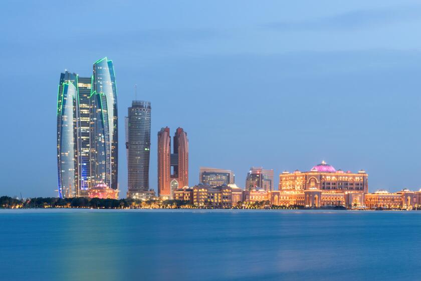 Evening skyline view of Abu Dhabi in United Arab Emirates