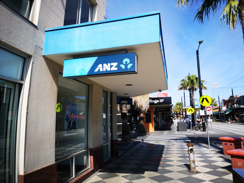 Melbourne, Australia: March 14, 2019: Street view of a Bank of Australia and New Zealand (ANZ) branch in St Kilda.