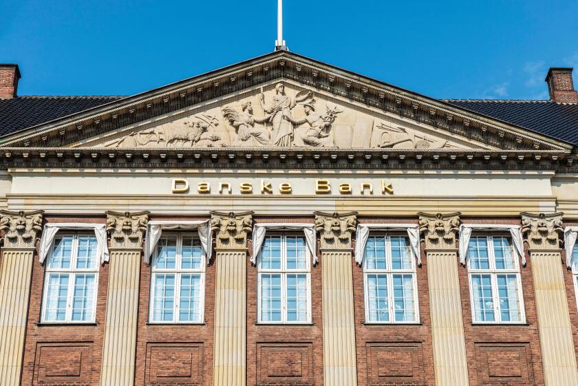 Copenhagen, Denmark - August 27, 2019: Facade of a classic building office of Danske Bank in Copenhagen, Denmark