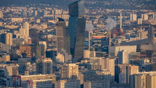 Paris, France - 03 03 2026: Montparnasse Tower: View of tower BPCE Est at sunset from the rooftop