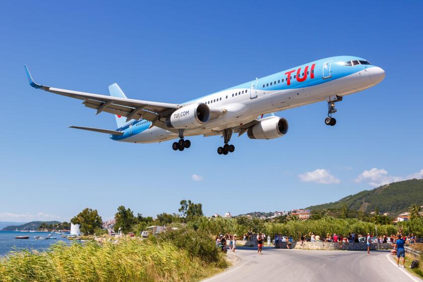 Skiathos, Greece ? July 30, 2019: TUI Boeing 757-200 airplane at Skiathos airport (JSI) in Greece.