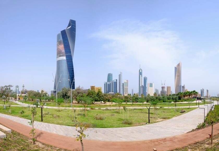 Skyline of Central Business District (CBD) from new Al Shaheed Park in  Kuwait City, Kuwait