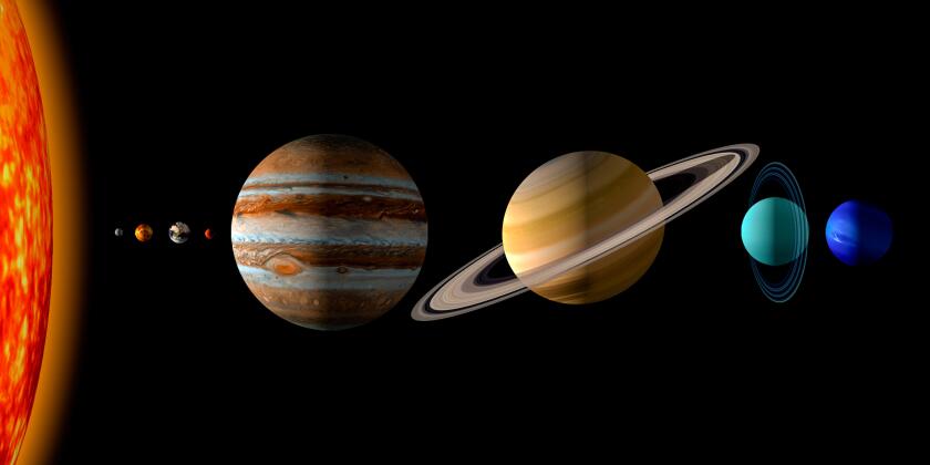 Sun and the eight planets of the solar system on black background. Realistic 3d illustration of the rendering of the planets size. Copy space
