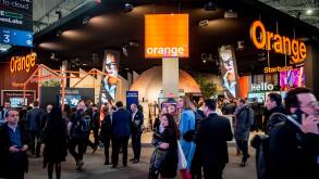 ORANGE brand at company's pavilion during the GSMA Mobile World Congress 2023 in Barcelona, the world's most important event on mobile devices communications bringing together the leading companies and the latest developments in the sector.