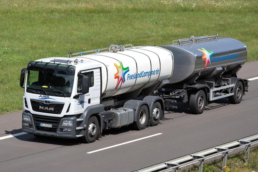 FrieslandCampina MAN TGS milk truck on German motorway.