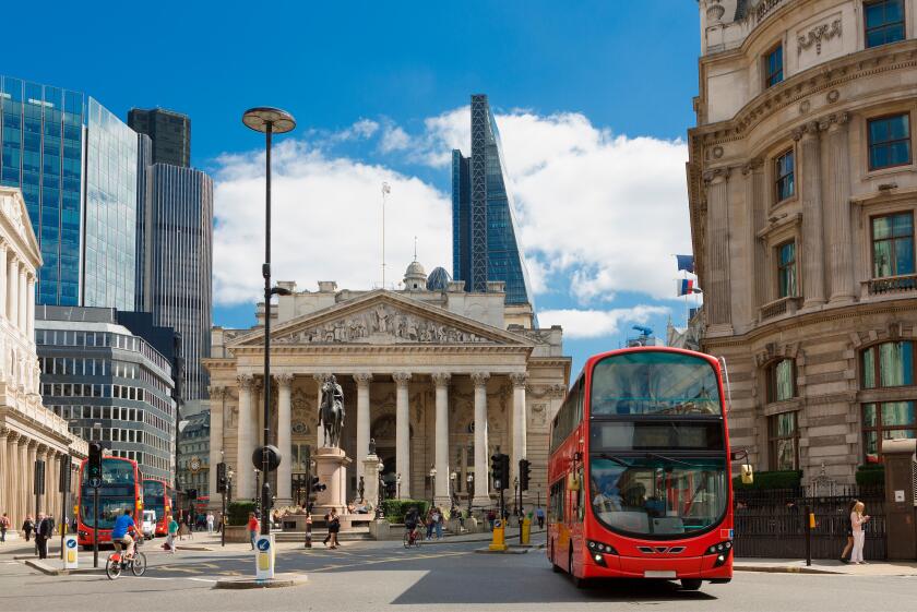 LONDON, UK - View of British financial heart, Bank of England and Royal Exchange.