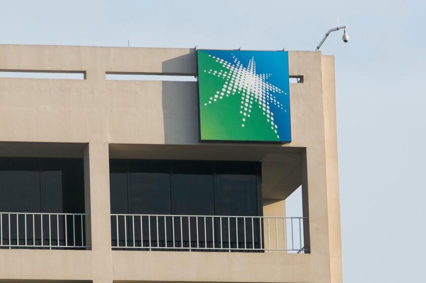 A logo sign outside of a facility occupied by Saudi Aramco in Houston, Texas, on May 27, 2017.