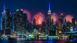 NYC Fireworks Celebration -  New York City skyline with the Macy's Spectacular 4th of July Fireworks Celebration Show as a backdrop to midtown Manhattan.