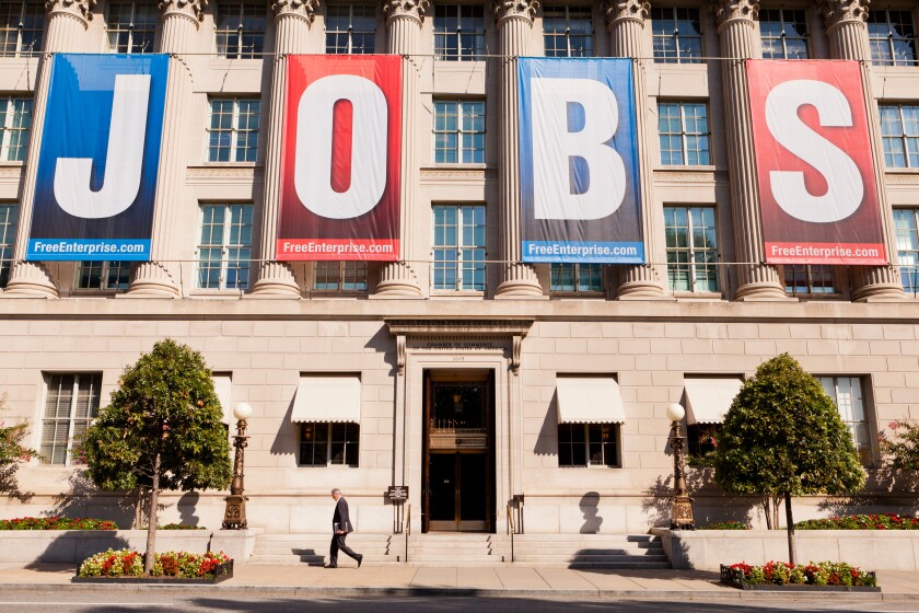 Large JOBS banner on US Chamber Of Commerce Building - Washington, DC USA