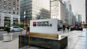 Societe Generale corporate signage by their office in midtown Manhattan.