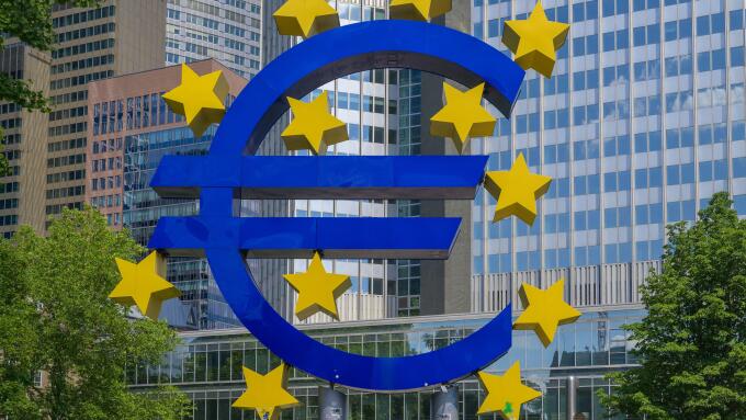 Frankfurt am Mian, Germany - May 31, 2025: The Famous Big Euro Sign at the European Central Bank