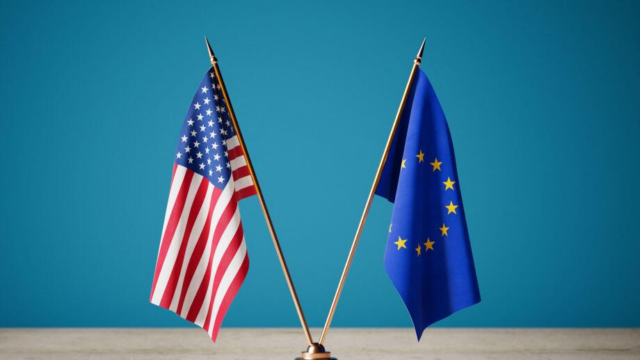 Transatlantic Partnership Concept. USA And European Union Flags Crossed On Golden Stand Against Blue Background. 3d Rendering
