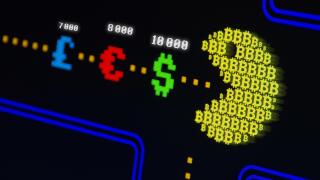 Bitcoin man eating symbol of dollar, euro and pound icon with price points. Concept illustration of actual value of cryptocurrency with print screen e