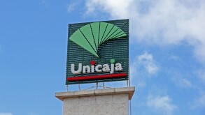 Sign over Unicaja bank, Torremolinos, Spain