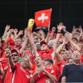Vancouver, Ciudad de Mexico, Canada. 7th July, 2026. Switzerland fans celebrating with the World Cup trophy after winning the game during the FIFA World Cup 2026 Round Of 16 match between Switzerland and Colombia at BC Place Vancouver. on July 7, 2026 in 