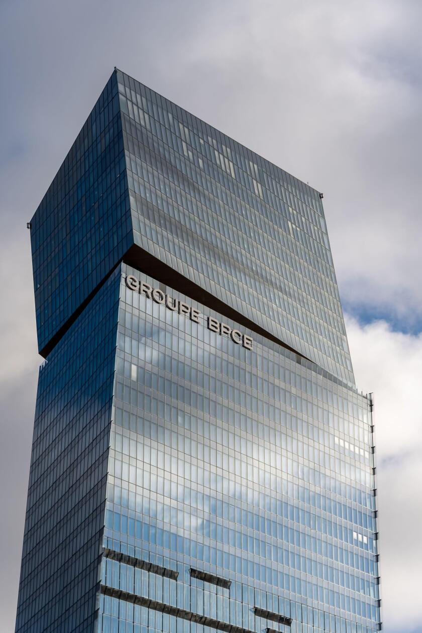 Exterior view of the headquarters of the French banking group BPCE, resulting from the merger of the Banque Populaire and the Caisse d'Epargne groups