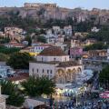 Night view of Monastiraki Square and the Acropolis in Athens, Greece