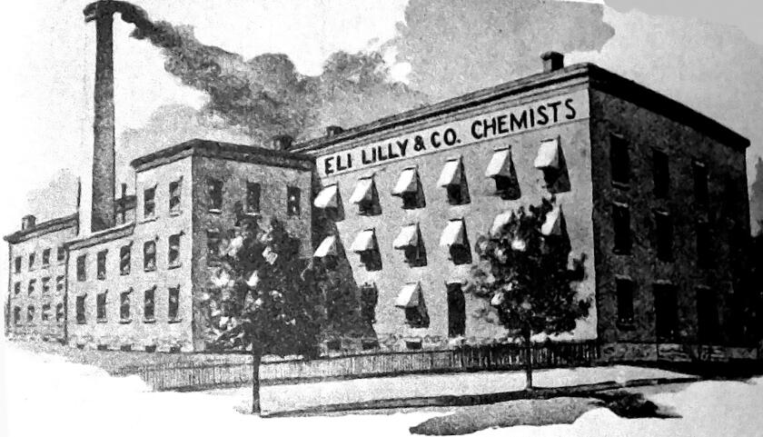 ELI LILLY (1838-1898) American chemist. Company factory on McCaryty Street, Indianapolis, Indiana, USA, in 1886