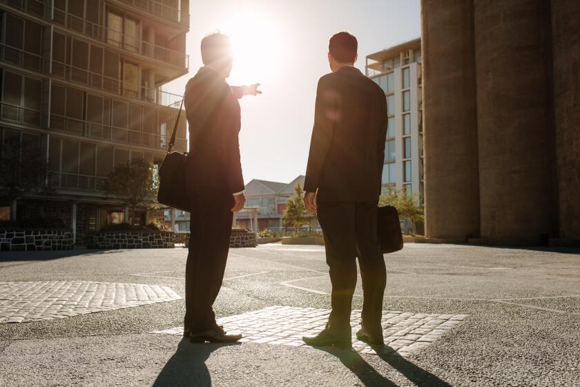 Rear view of business colleagues carrying office bags standing on street looking away with one person pointing towards a distant object. Business peop
