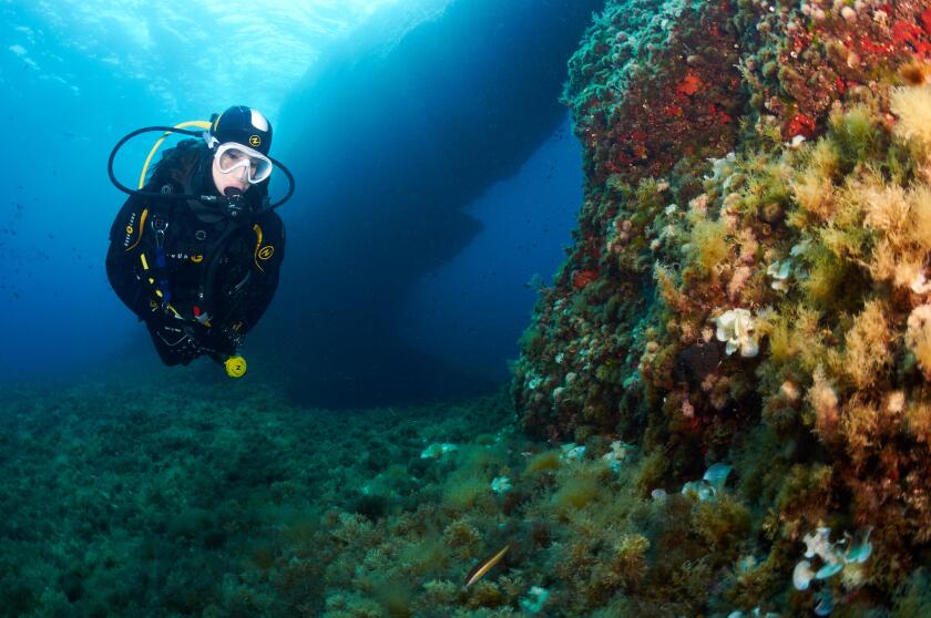 Female scuba diver fitted with Aqua Lung diving equipment near an underwater arch in Ses Salines Natural Park (Formentera, Mediterranean sea, Spain)