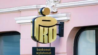 BYDGOSZCZ, POLAND - AUGUST 10, 2022: Golden Bank Polski PKO logo of ATM (bankomat) in Poland