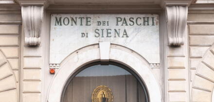 Pisa, Italy - March 24, 2021 - Sign in iron and marble of the Italian bank Monte dei Paschi di Siena